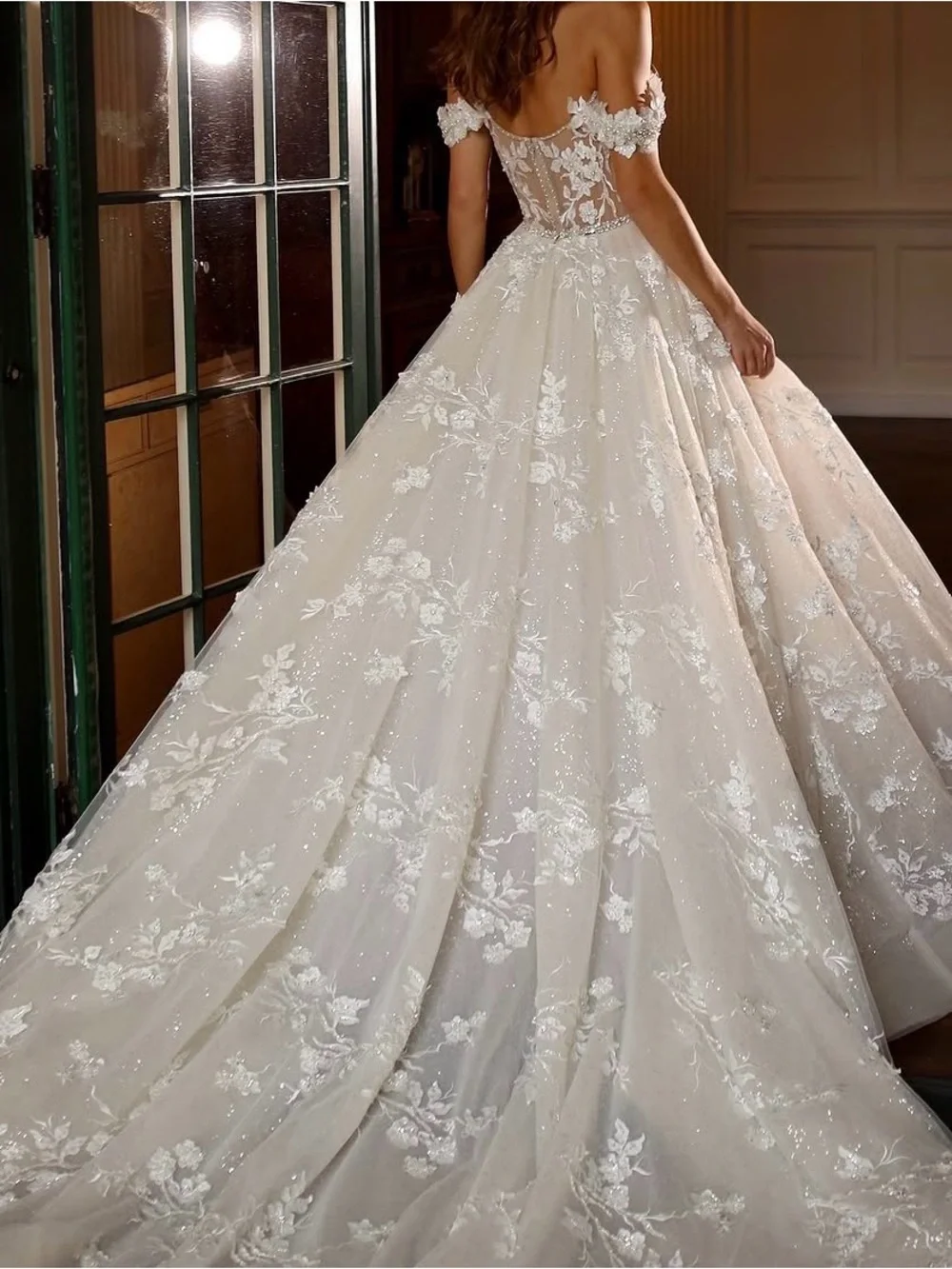 Off-Shoulder Lace Appliqué Ball Gown Dress in Champagne